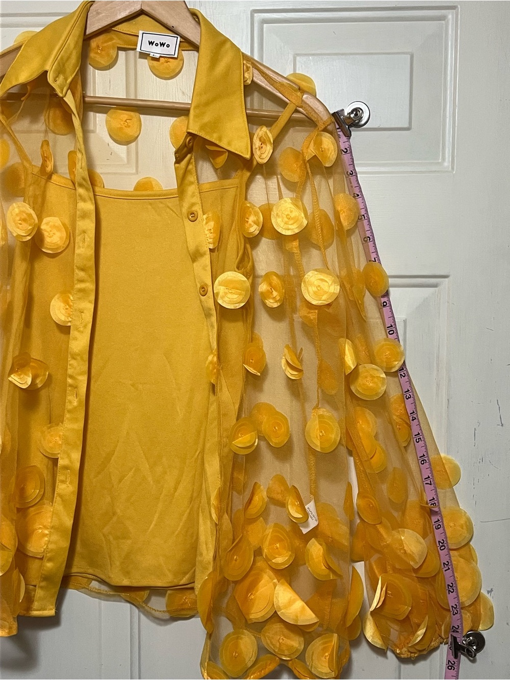 WoWo Mustard Yellow 3D Floral Mesh Button-Up Blouse with Cami Set Size L - Picture 6 of 10